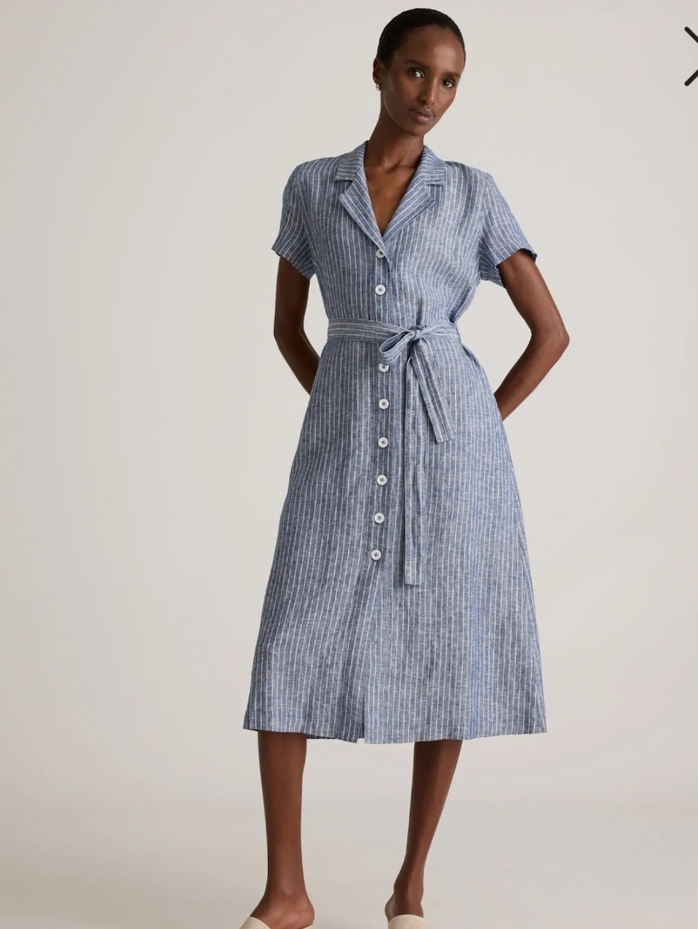 Quince 100% European Linen Button Front Midi Dress Chambray Stripe Size XL